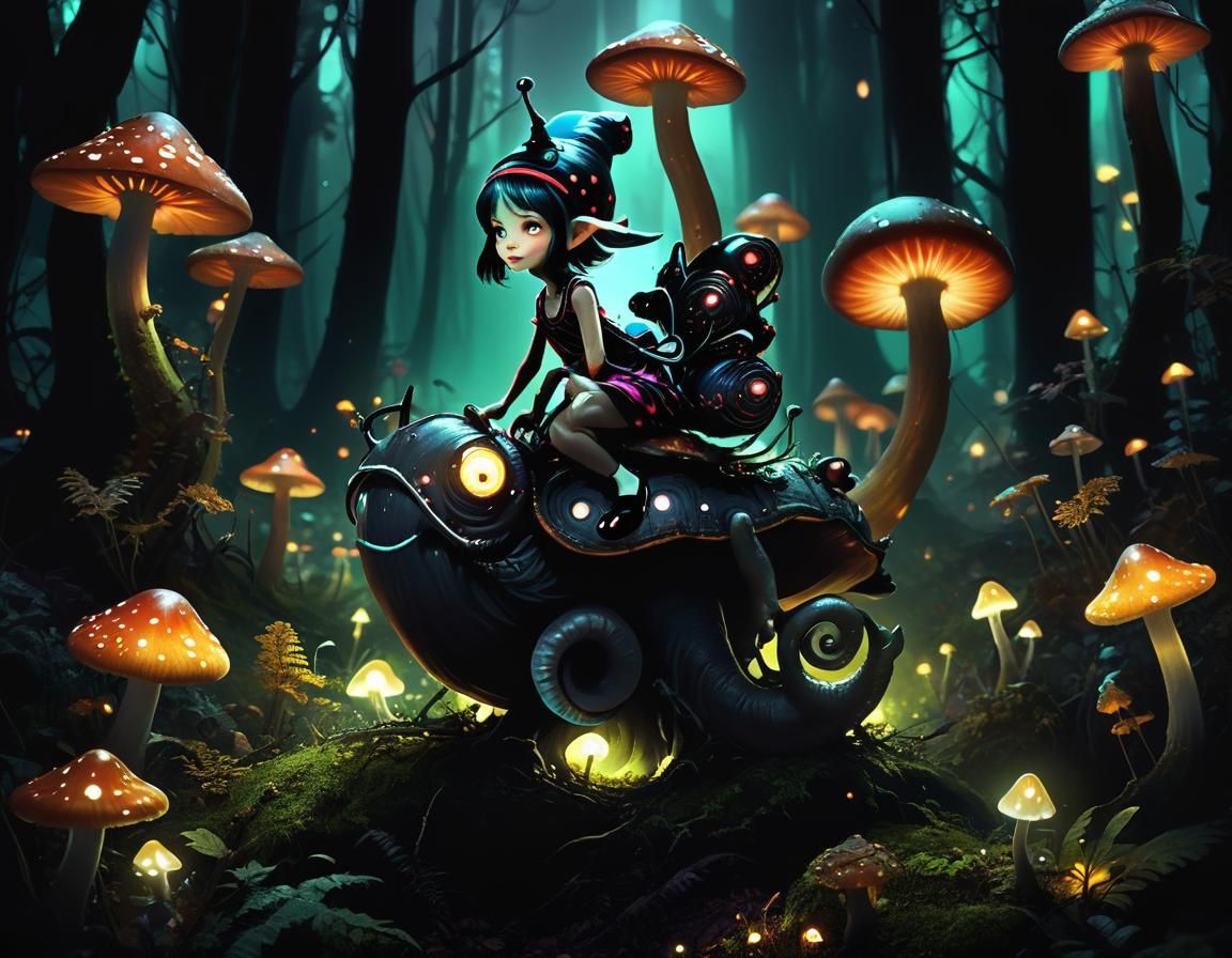 Weirdcore Pixie Rides Snail Through Mushroom Forest