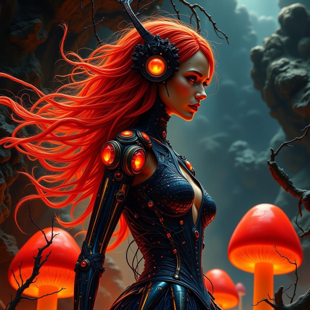 Cyborg Queen in Bioluminescent Grotto, Art Nouveau Style