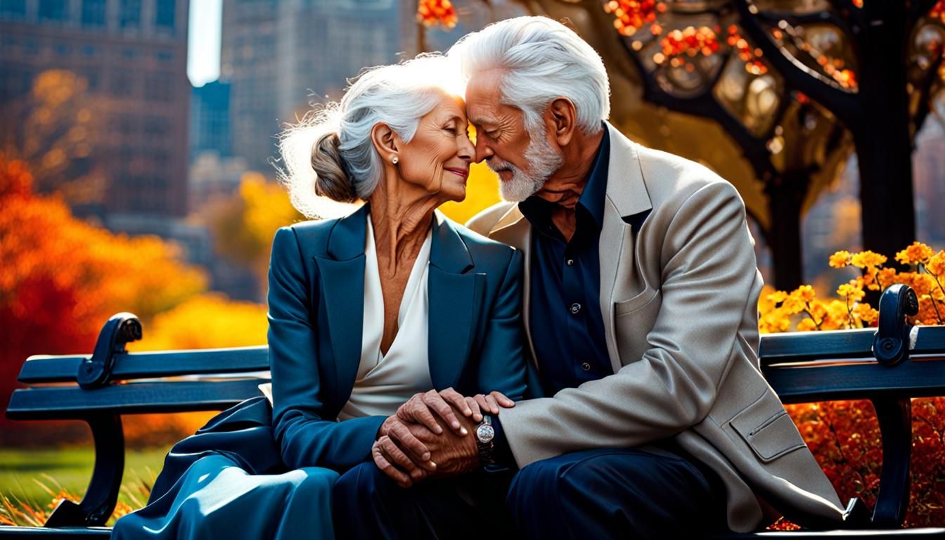 Elderly Couple in Love on Park Bench