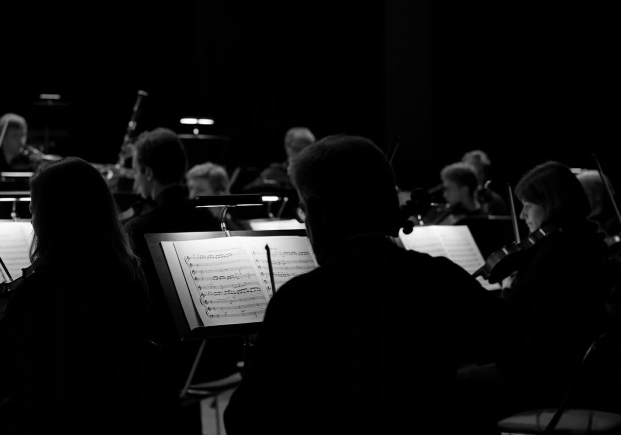 Dramatic Black-and-White Orchestra Portrait in Warm Light