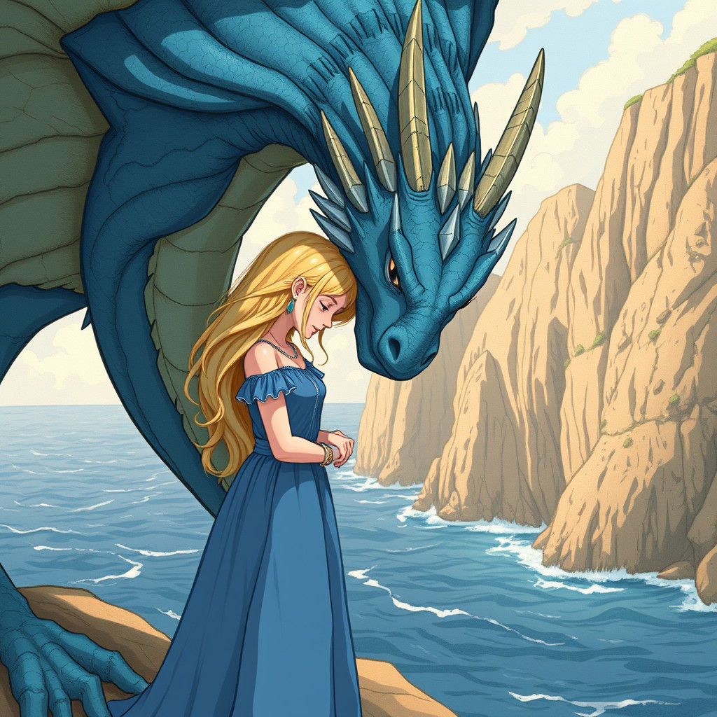 Princess and Blue Dragon Affectionate Illustration