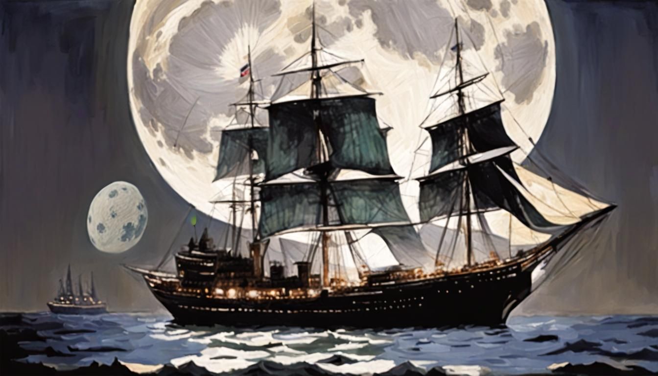 Dieselpunk Ship Under Full Moon in Textile Art Style
