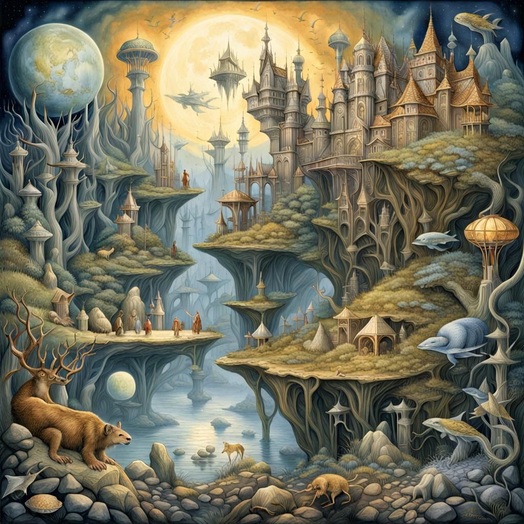 Enchanting Iridescent Worlds: A Detailed Fantasy Illustratio...
