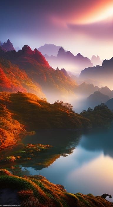 Tropical Floating Islands at Sunset: Digital Art