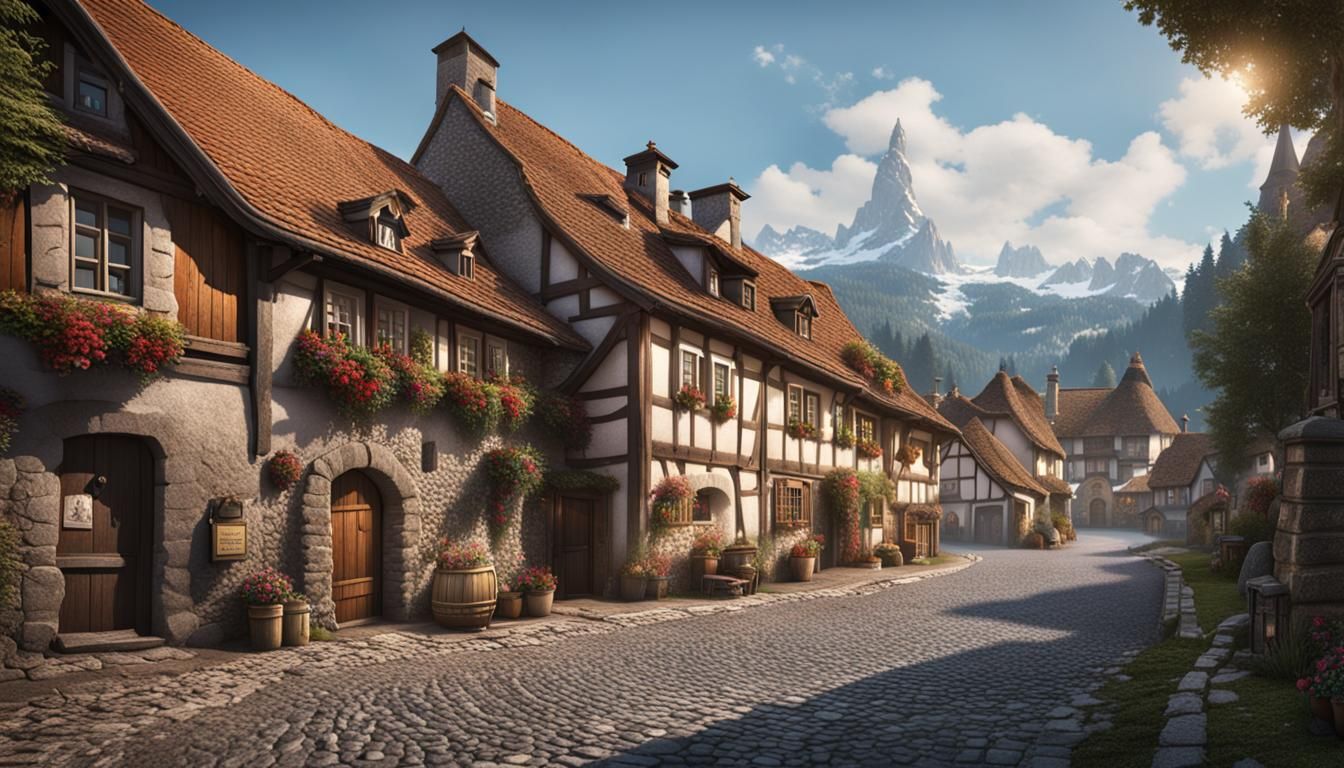 Quaint Swiss Village Street in Detailed Matte Painting