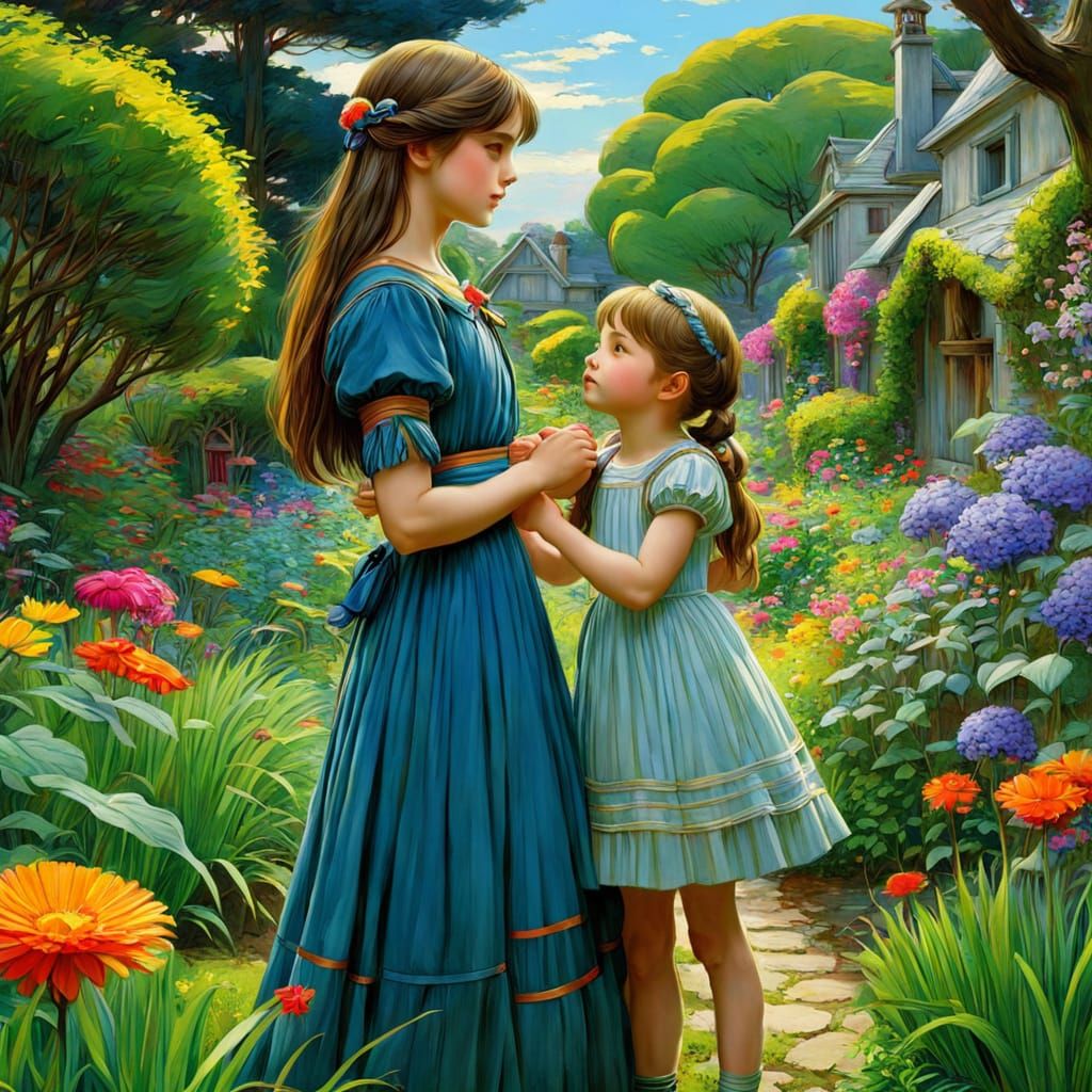 Father and Daughter Stroll Through a Whimsical Anime Garden