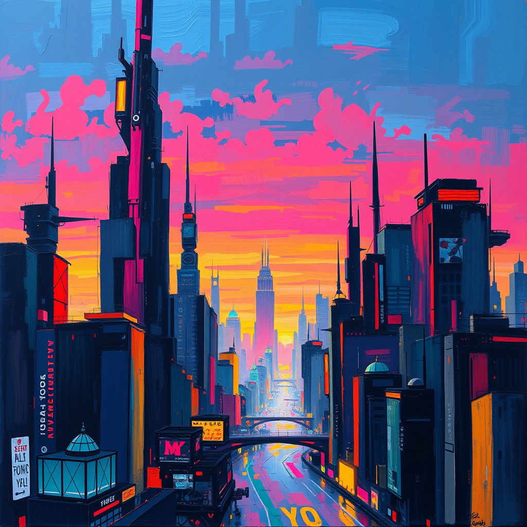 Futuristic Cityscape in Abstract Expressionist Style