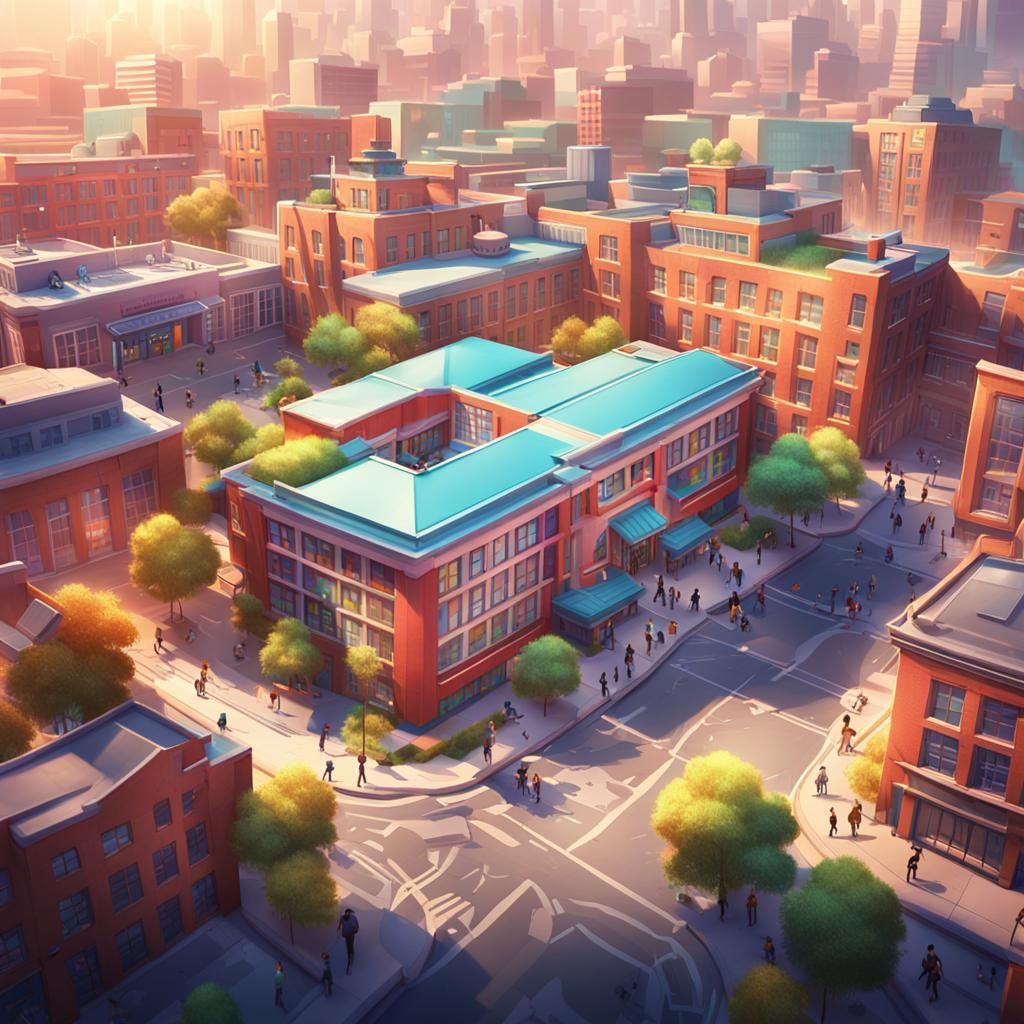 Vibrant School in Downtown Area: 3D Digital Render