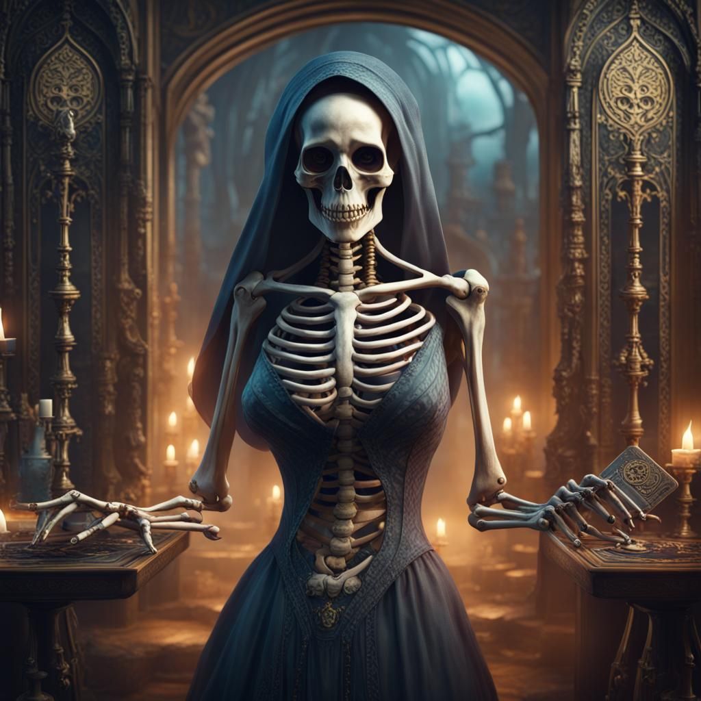 Skeleton Woman Flipping Tarot Cards: Fantasy Art