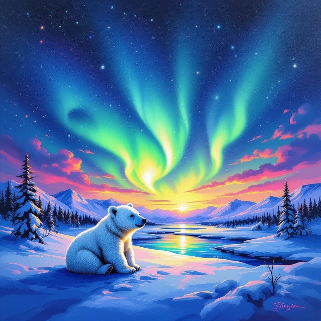 Northern Lights Meet Polar Bear Cub in Gouache Style