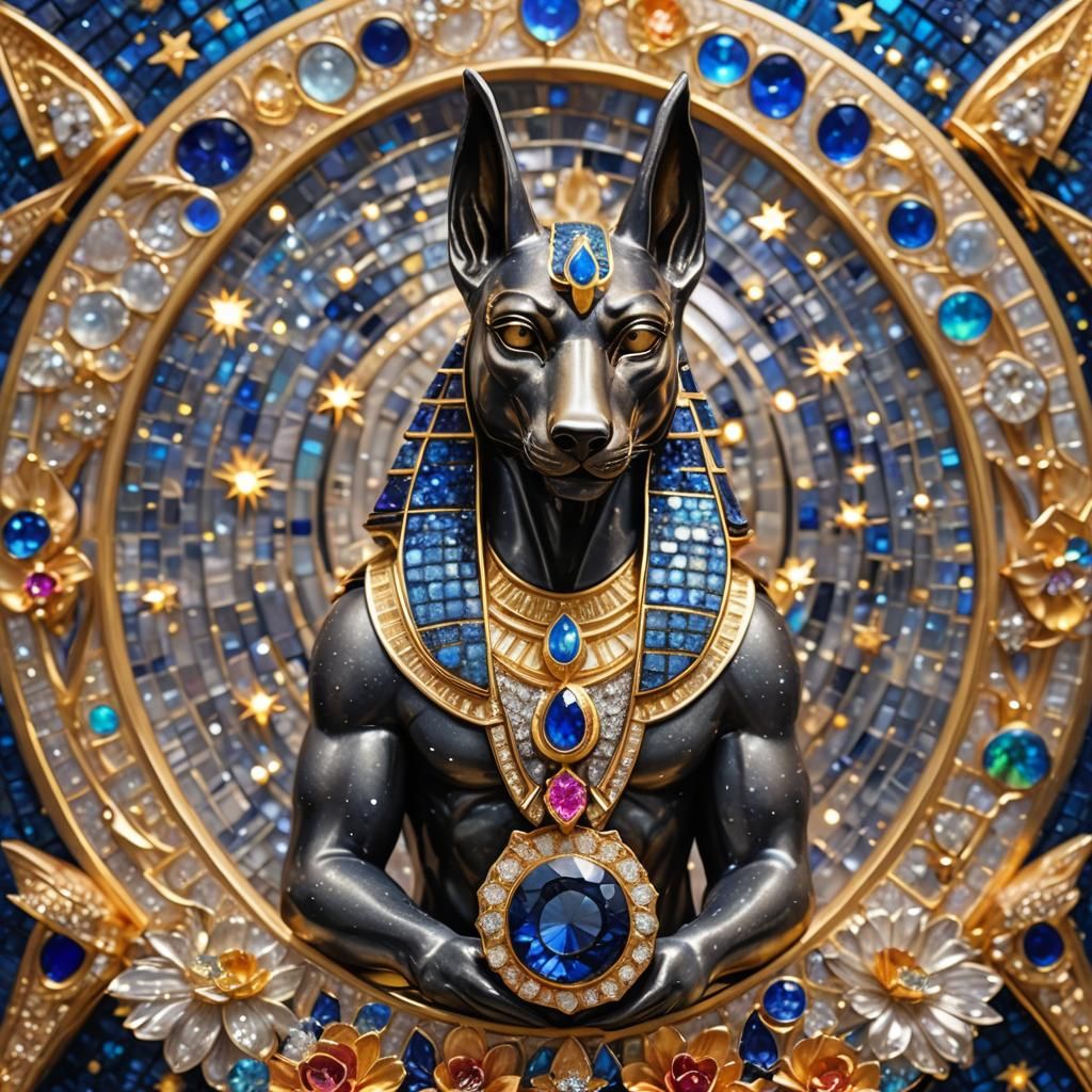 Anubis Brooch with Lotus Flower in Iridescent Colors