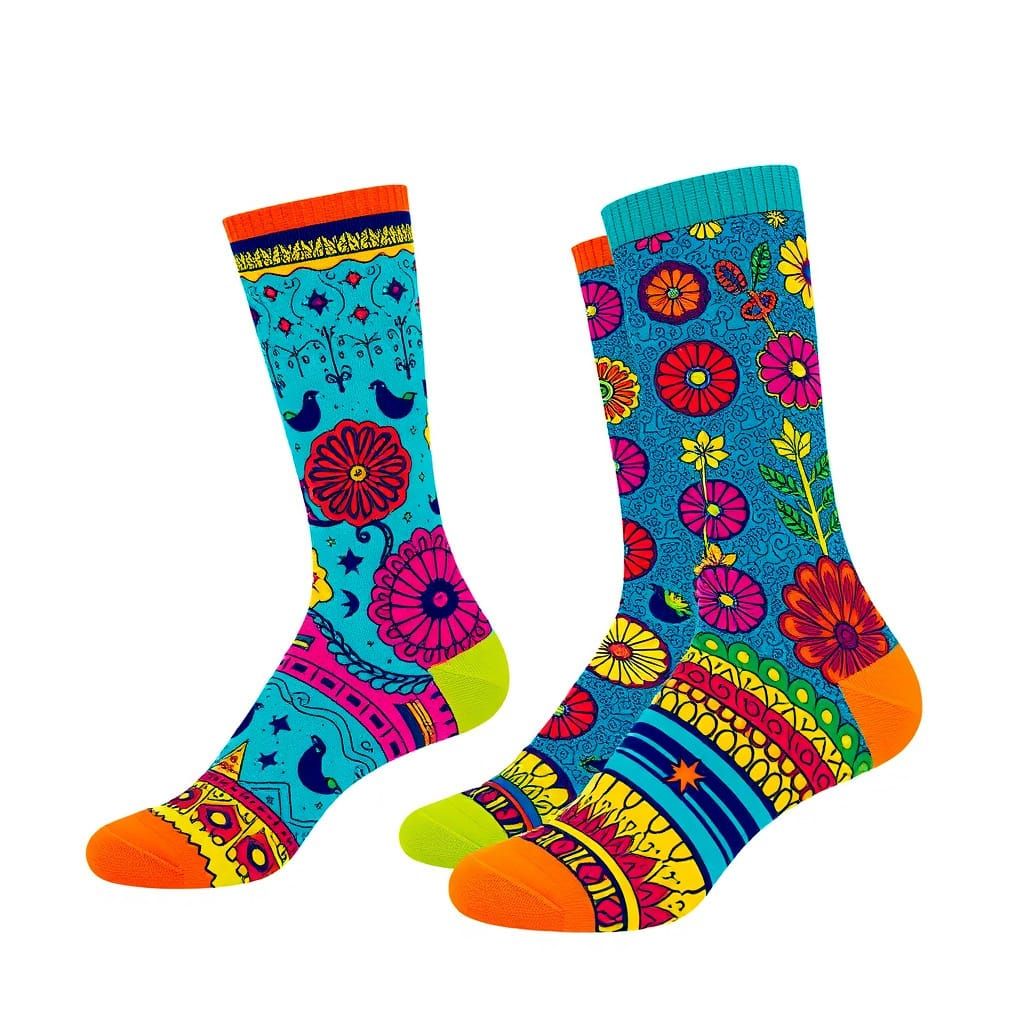 Whimsical Socks with Intricate Patterns in Graphic Art Style