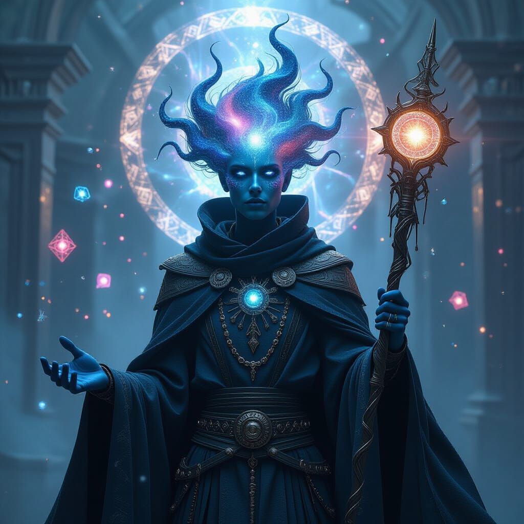 Cosmic Trickster Portrait in Surreal Sci-Fi Style