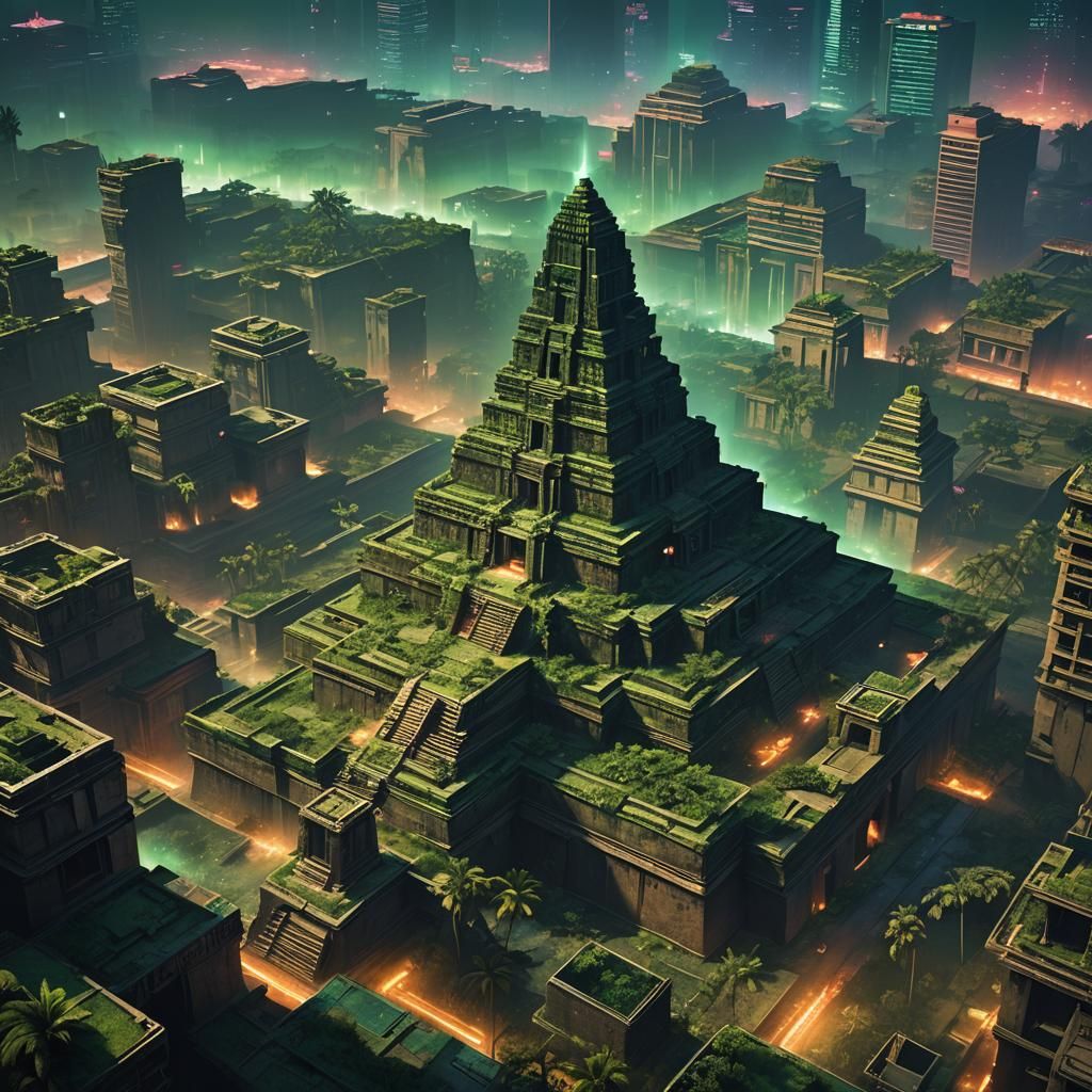 Cyberpunk Goddess Emerges from Tenochtitlan Temple