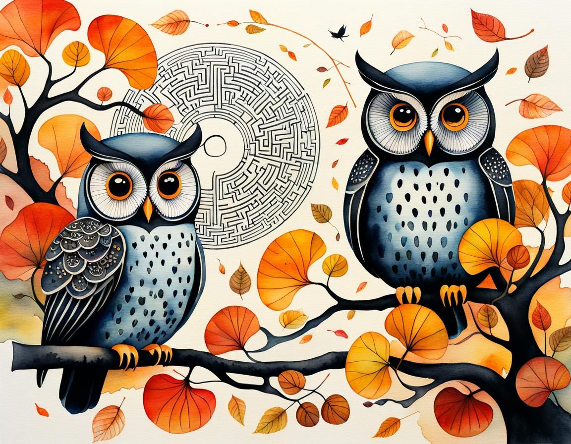 Whimsical Circuit Diagram with Owls in Watercolor Style