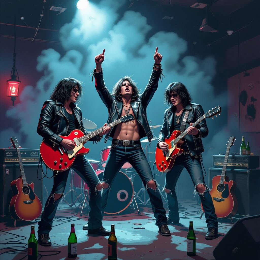 Rock Stars Celebrate in Backstage Chaos, Illustrated Style