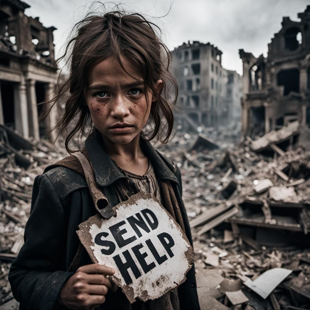 Distressed Girl in Ruins with 'SEND HELP' Sign