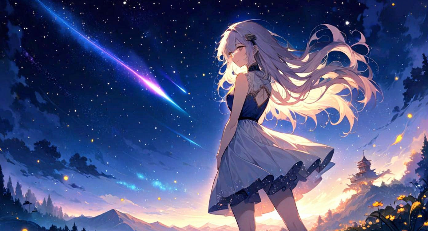 Catgirl Gazing at Cosmic Shooting Star