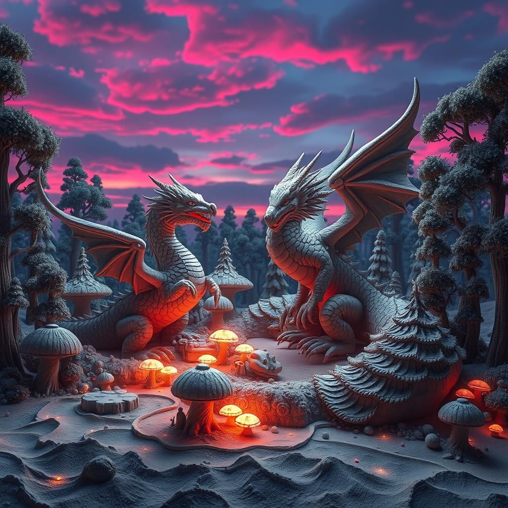 Majestic Sand Dragons and Phoenixes in Neon Forest