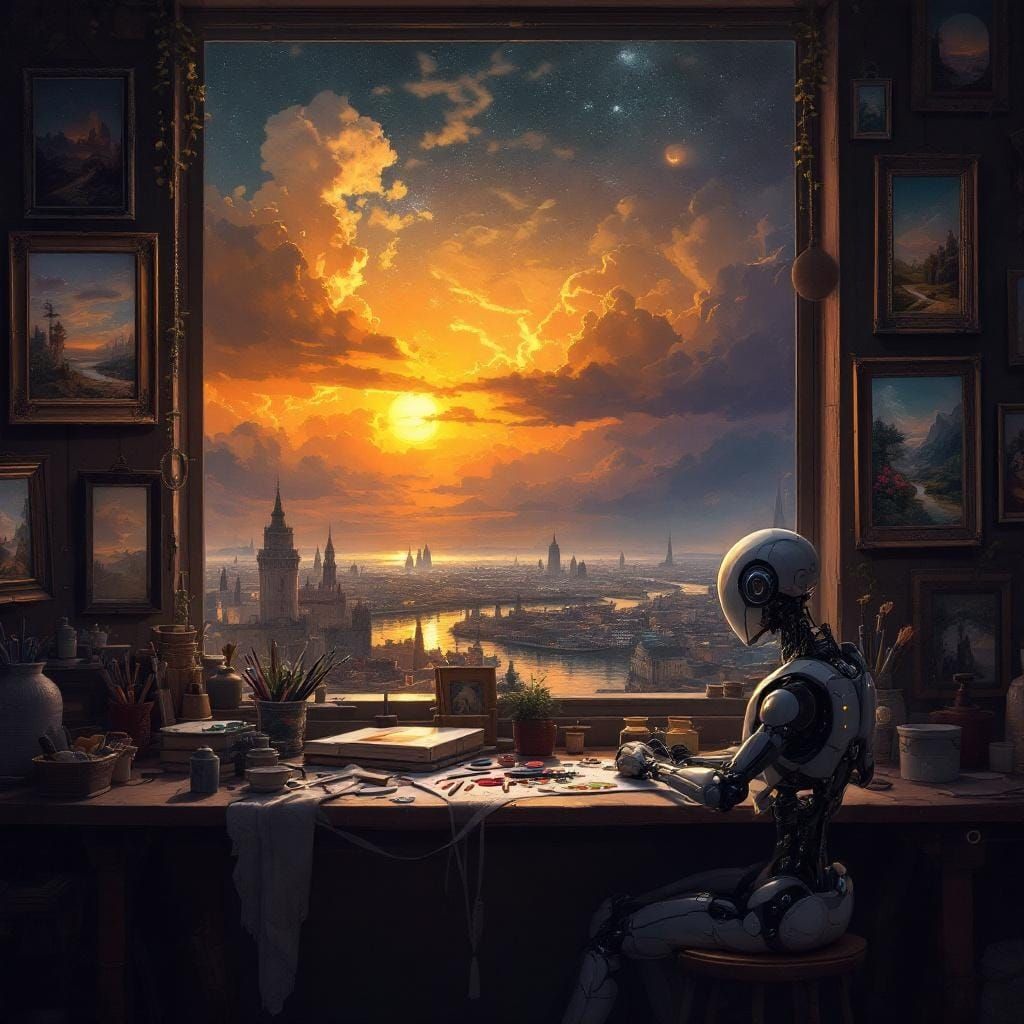 Robot Artist in Atelier, Oil Painting Style