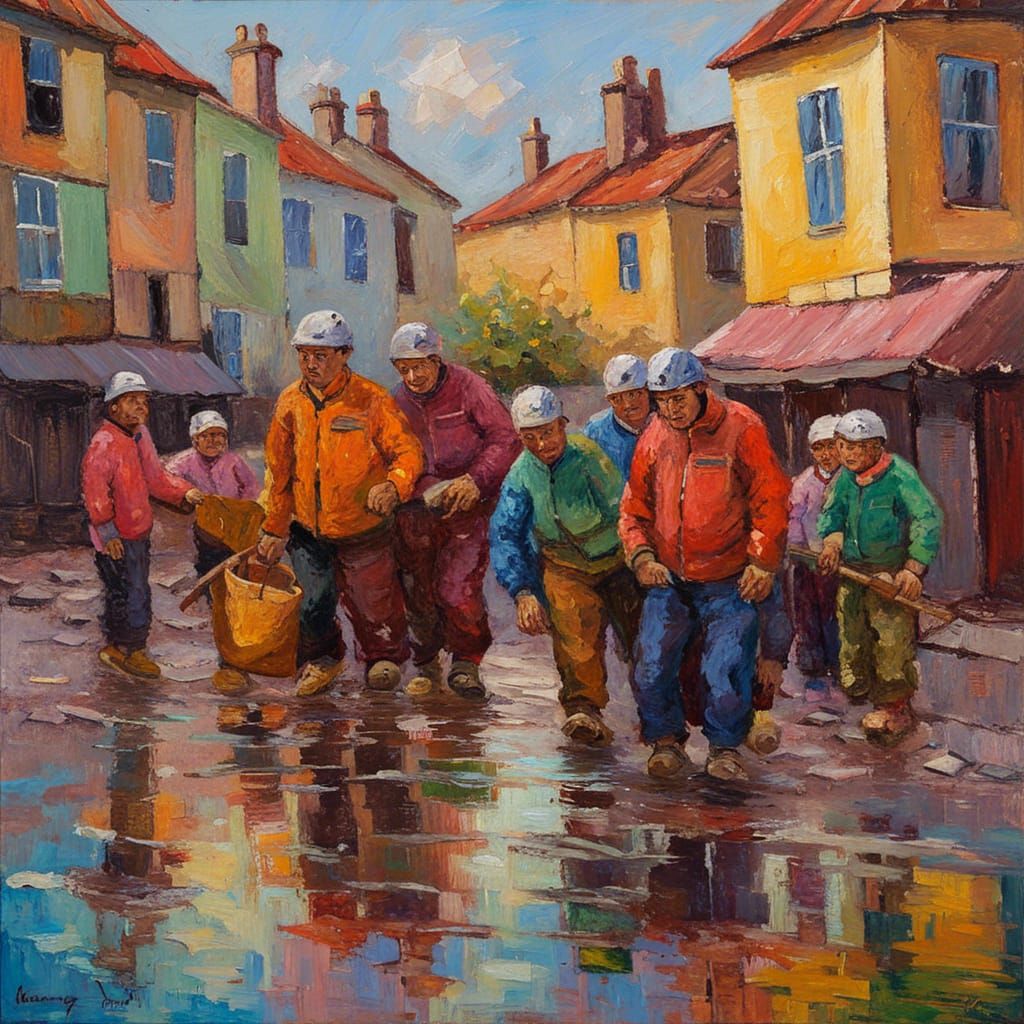 Teamwork Oil Painting in Expressionist Impasto Style