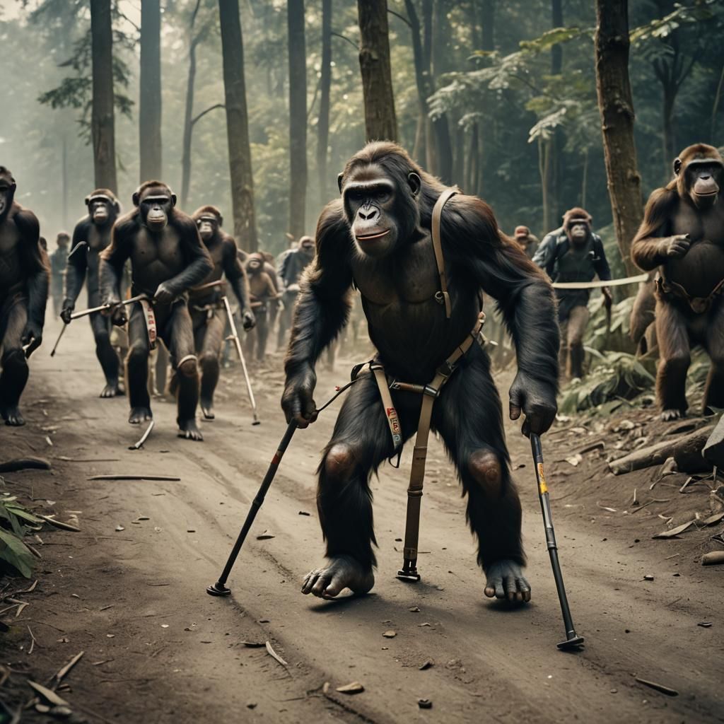 Ape on Crutches Wins Race: Cinematic Film Still