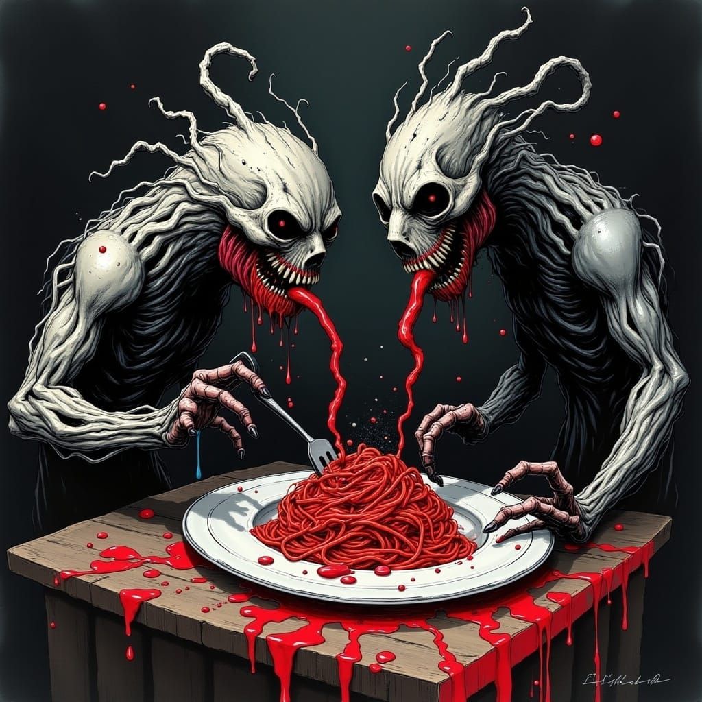 Bert and Mert Eating Spaghetti in Twisted Ink