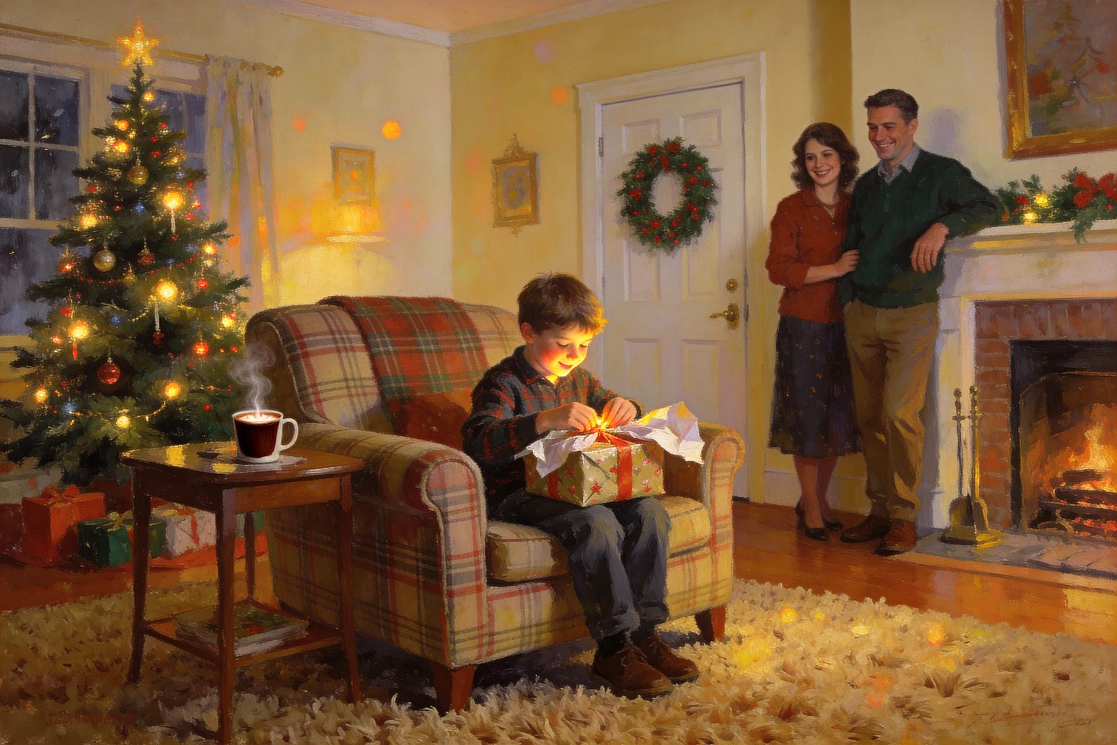 Cozy Christmas Morning Unwrapping Gift