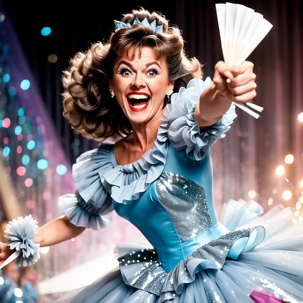 Laughing Woman in Goofy Pose Ripping Gray Tulle Gown