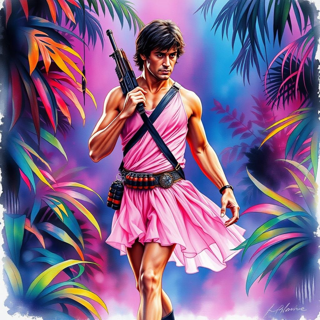 Rambo as Ballerina in Neon Jungle, Watercolor Style