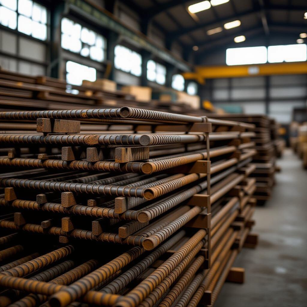 Rebar Steel in Warehouse: Industrial Monochrome Close-Up