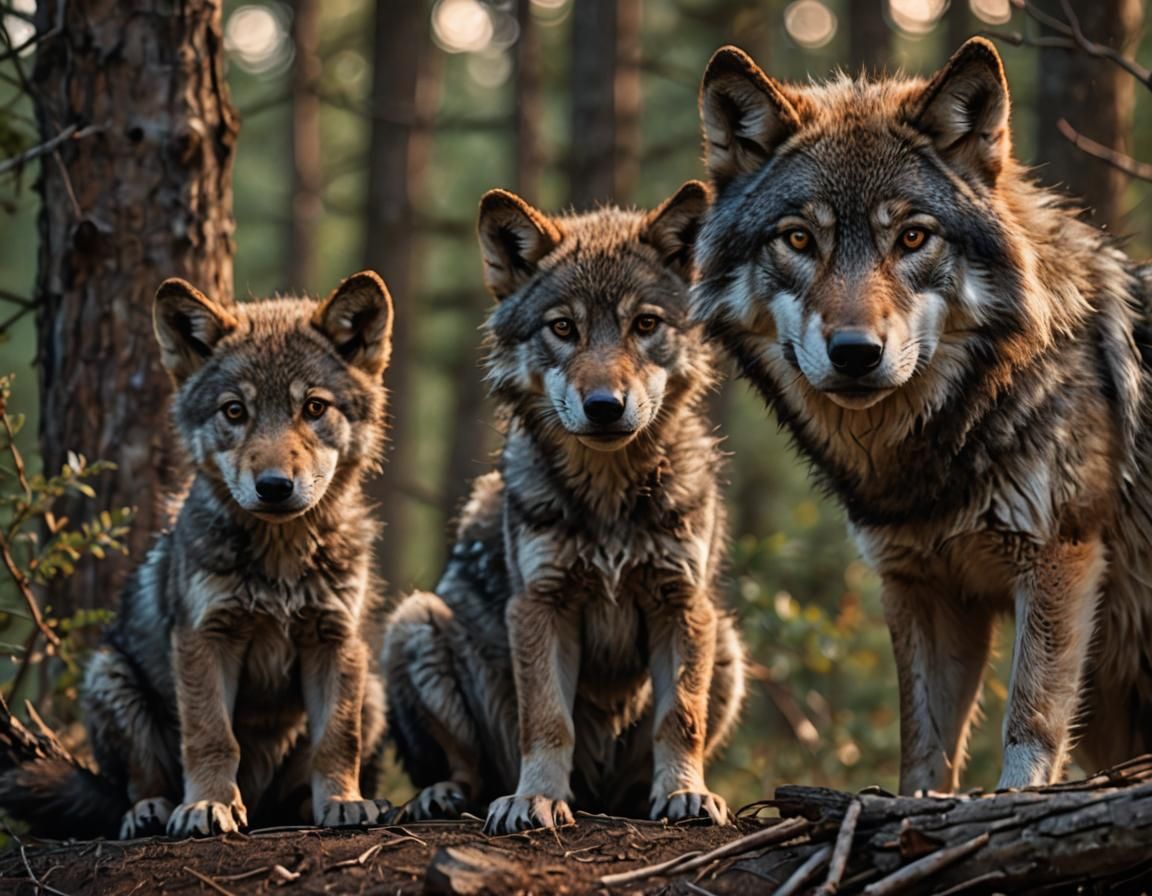 Loving Wolf Mother and Cubs Portrait