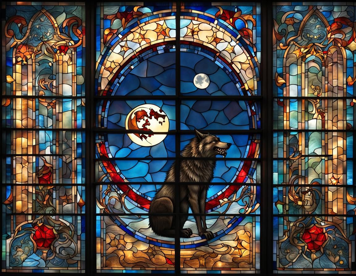 Stained Glass Window: Werewolf, Moon, and Stars
