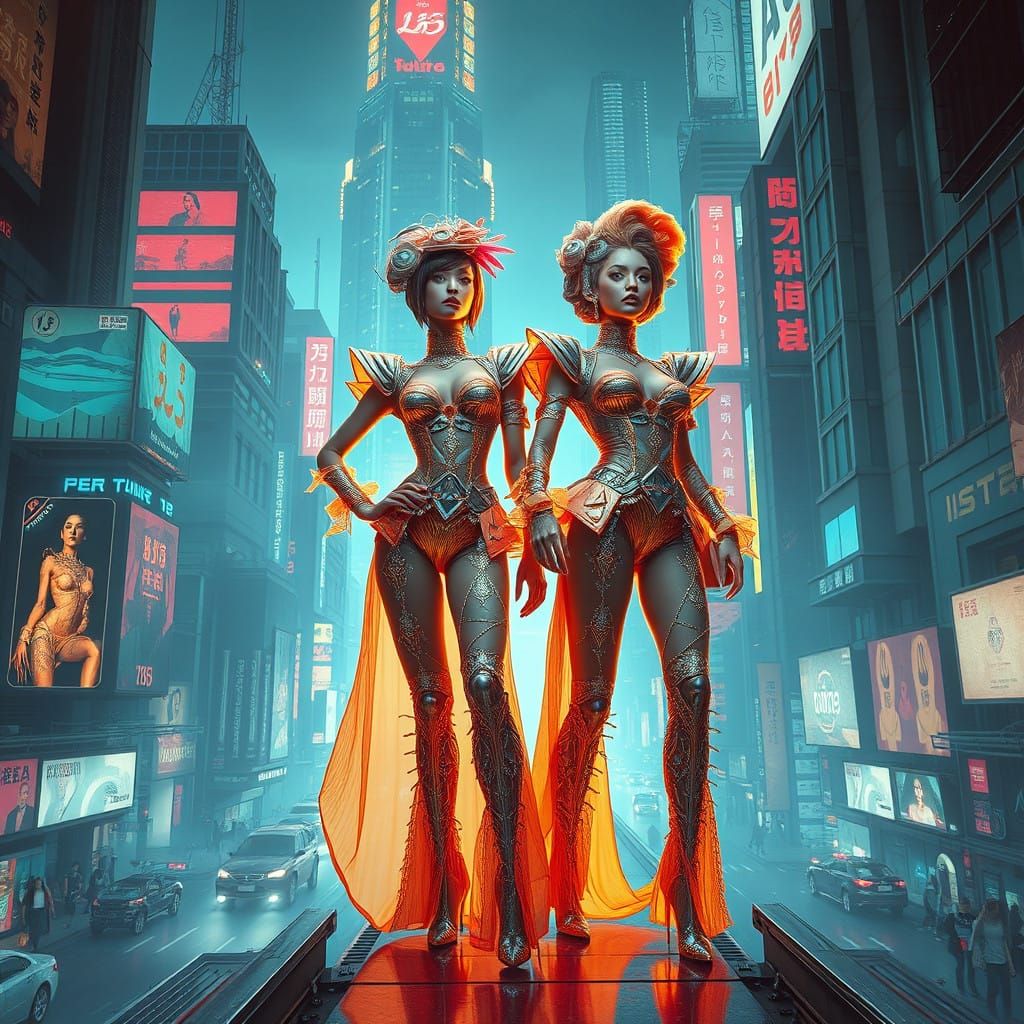 Women's Cyberpunk Haute Couture in Futuristic Metropolis