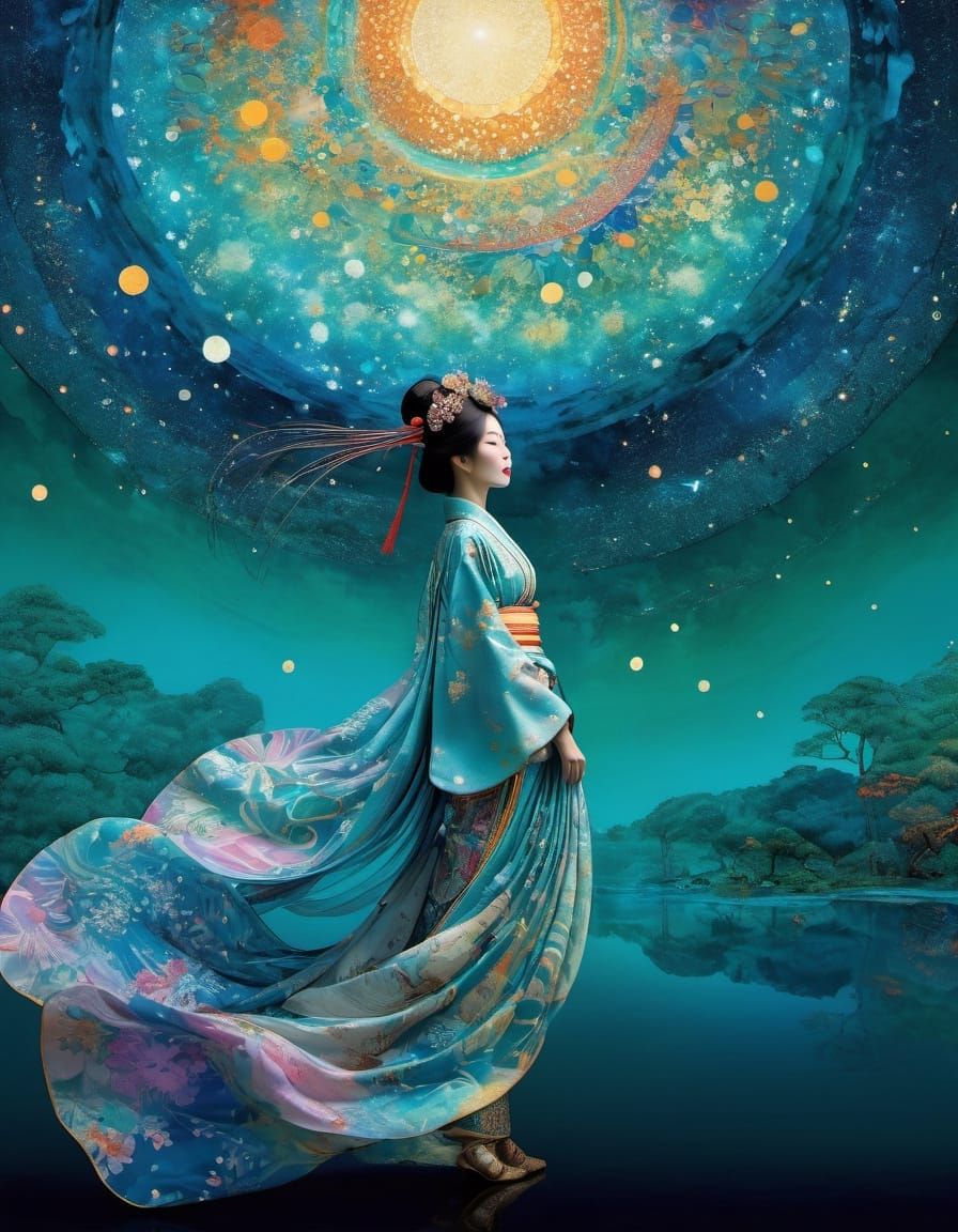 Geisha Contemplates Cosmic Nebula in Abstract Expressionism ...