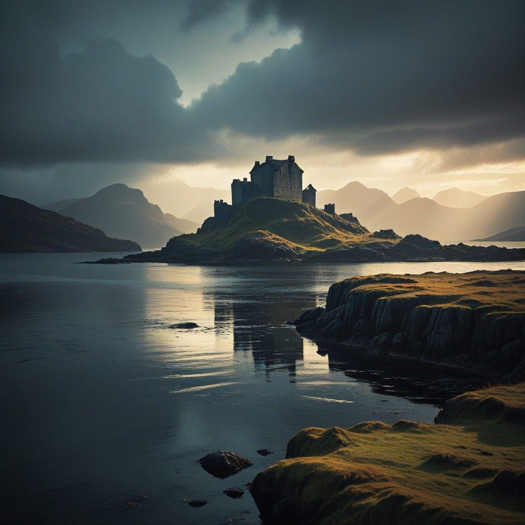 Moody Castle Ruins Emerge from Scottish Twilight Mist