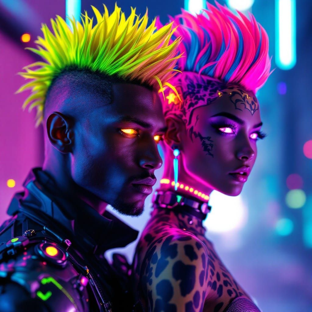 Neon-Lit Cyberpunk Duo: Vibrant Characters in a Futuristic C...