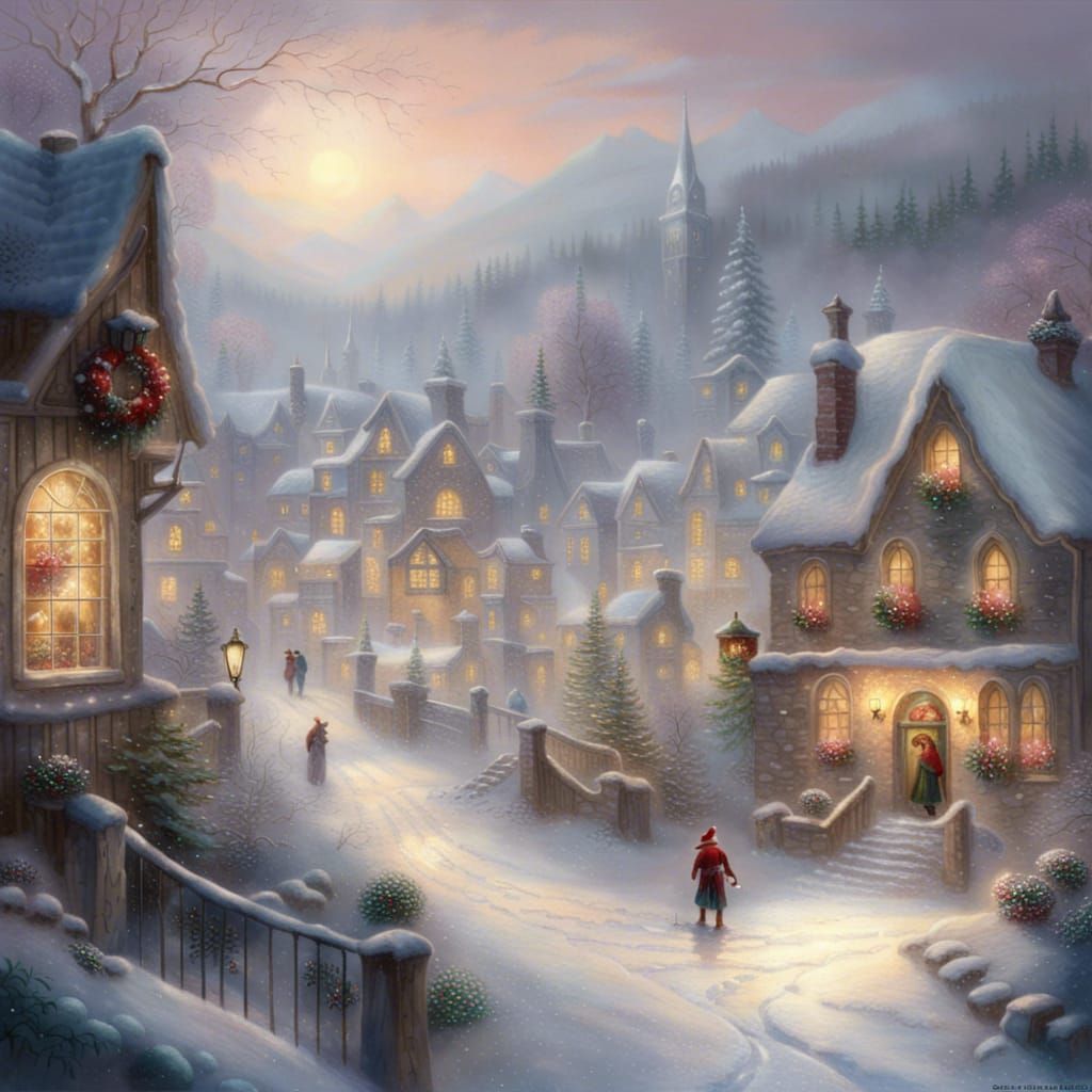 Ethereal Snowy Elf Town in Christmas Fantasy Style