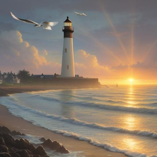 Hyperdetailed Beach Sunset with Lighthouse, Fantasy Style