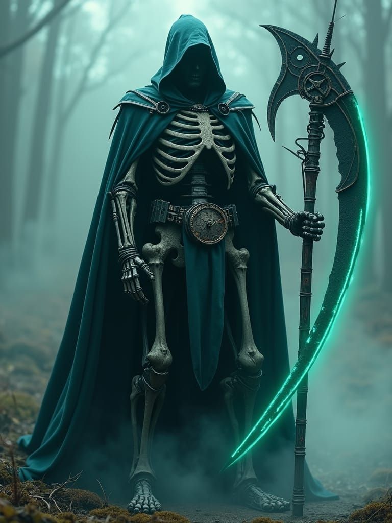 Epic Steampunk Grim Reaper in Dark Teal Cloak and Hood