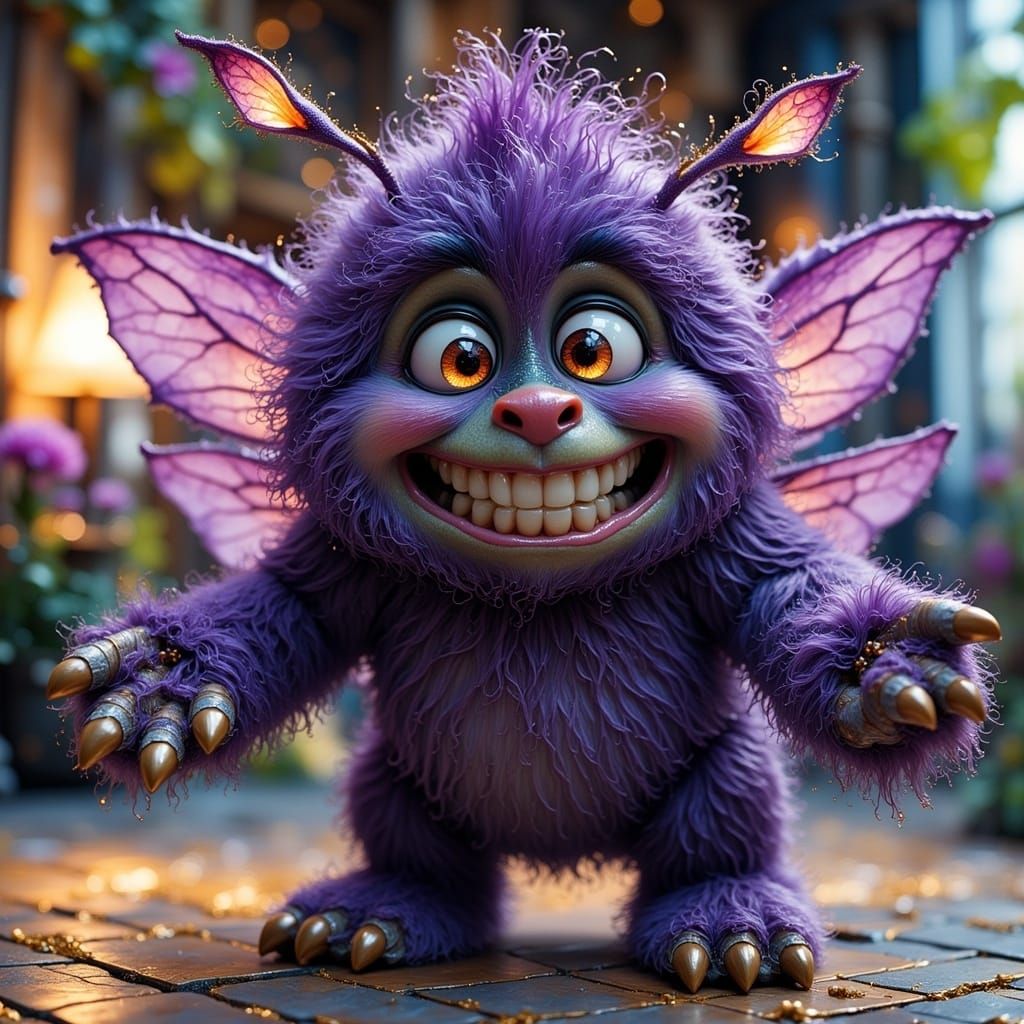 Fluffy Bugbear Faerie in Whimsical Fantasy Land