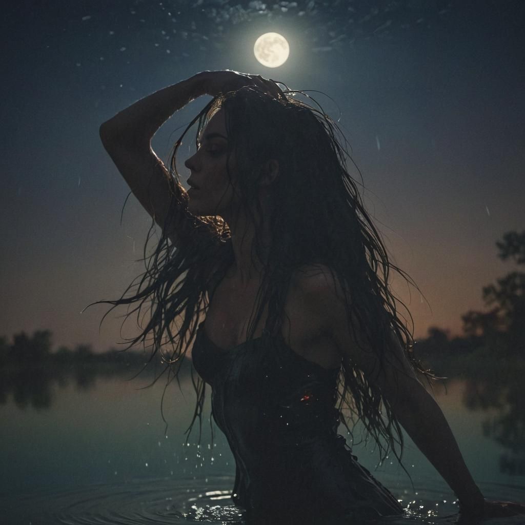 Woman's Silhouette in Shimmering Moonlight Pond
