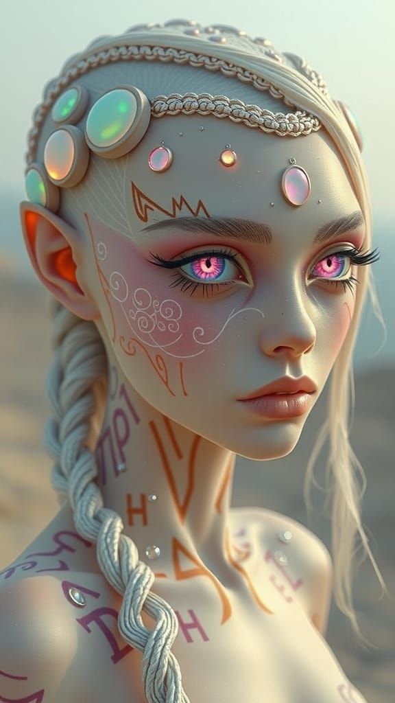 Alien Woman with Glowing Tattoos and Snail Braids