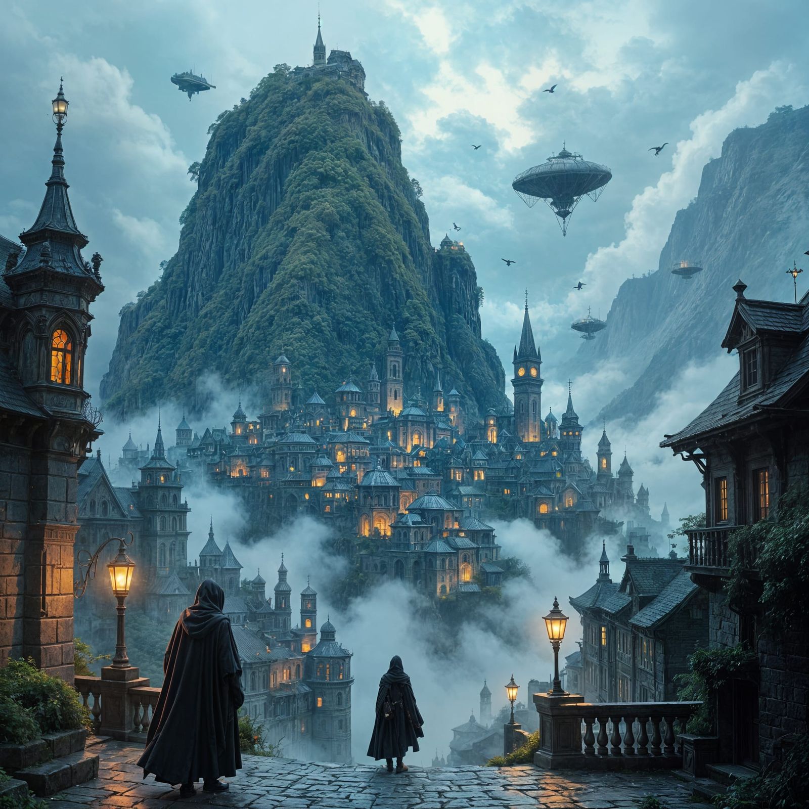 Ancient Gothic City on Mossy Mountain in Twilight