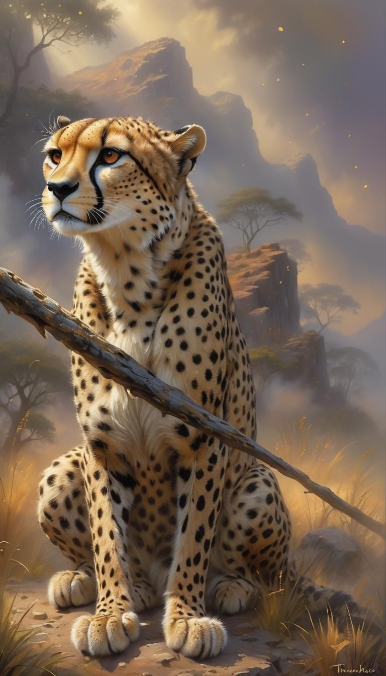 Ethereal African Cheetah in Fantasy Landscape