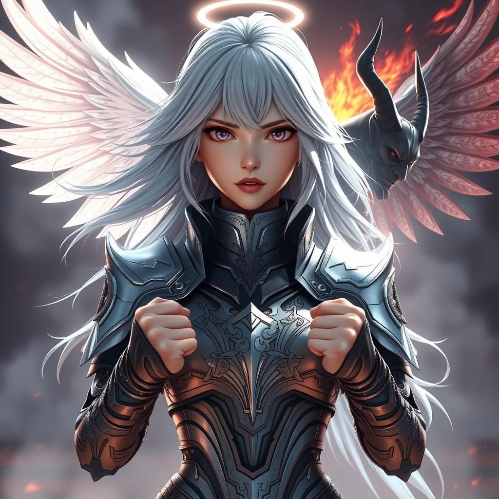 Woman Confronts Angel and Devil, in 3D Anime Art