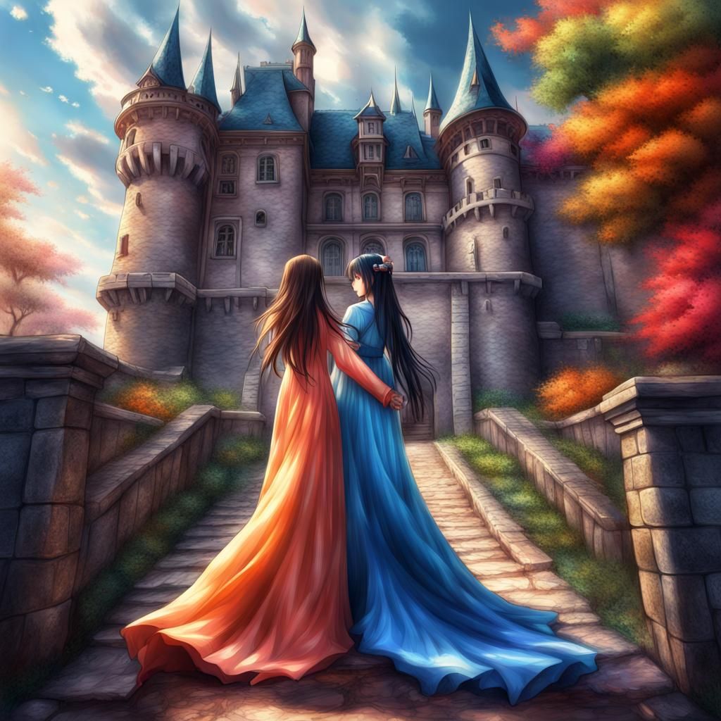 Anime Girl and Boy at Castle Entrance