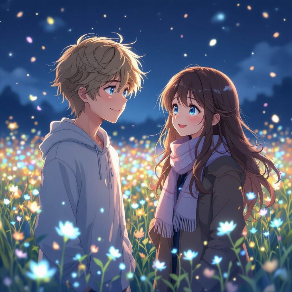 Anime Girls in Bioluminescent Field, Dreamy Illustration