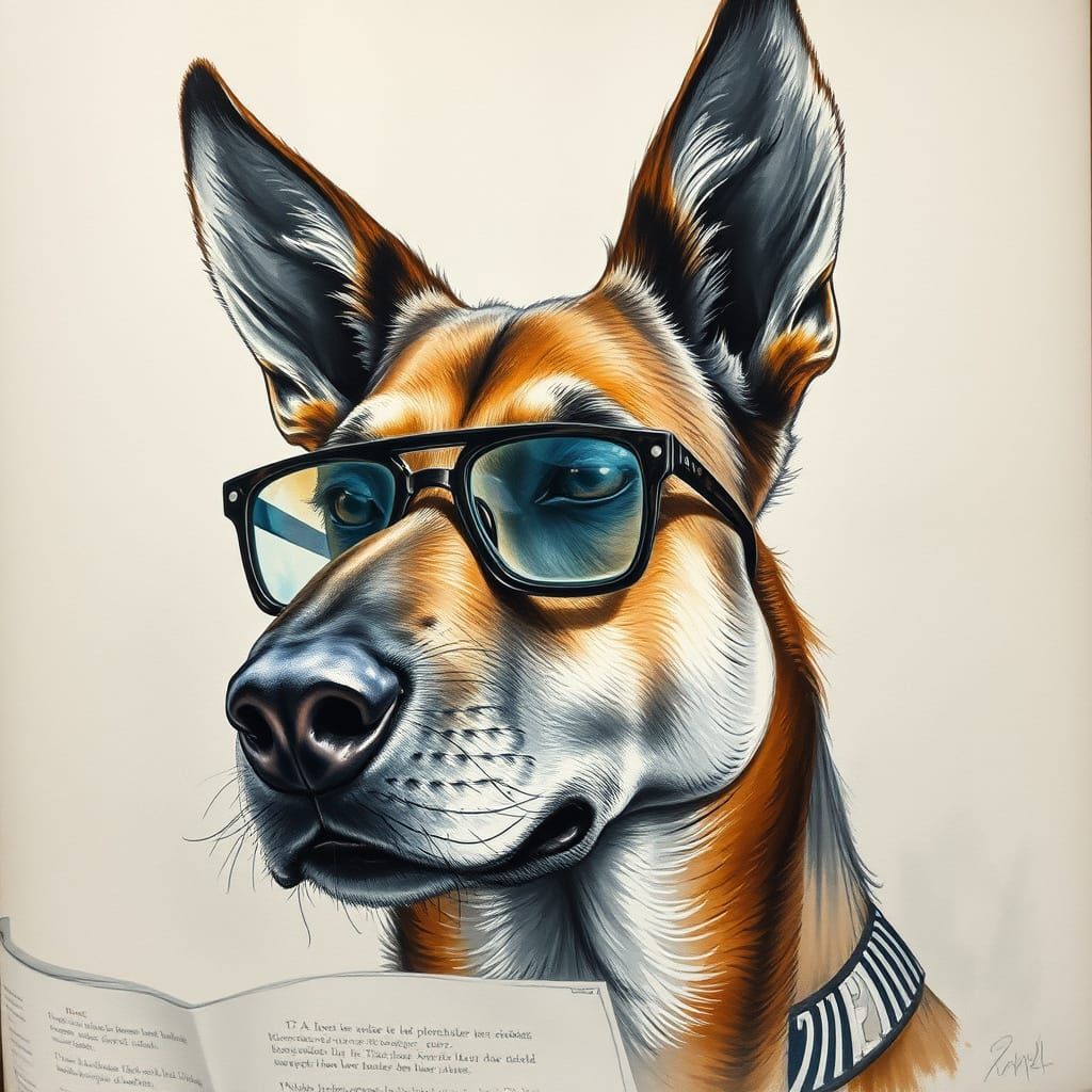 German Shepherd Reading Newspaper: Gouache Impressionist Art
