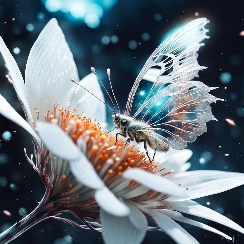 Ethereal Silver Butterfly on Flower, Fantasy Concept Art